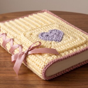 May include: A rectangular book cover made of cream-colored crochet yarn featuring a central lavender heart motif. The edges are trimmed in dusty pink yarn, and the side is laced with a matching dusty pink satin ribbon tied into a small bow.