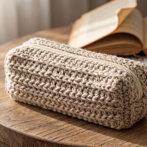 May include: A rectangular beige crochet pencil case featuring a textured ribbed stitch pattern and a matching beige zipper closure along the top edge. The item is constructed from thick yarn and maintains a structured, elongated boxy shape.