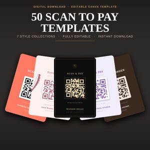 Vorlage für ein QR-Code-Schild zum Bezahlen per Scan, bearbeitbares Canva-QRIS-Zahlungsposter, druckbares digitales Schild für Cafés, Salons, Nagelstudios und Friseursalons, 50 Designs