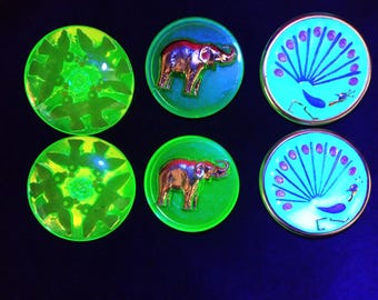 Czech Vaseline  Glass  Buttons  9 pcs   Gorgeous  Hand  painted  Intaglio birds  , Elephant, Peacock  24K Gold  31mm 34mm    Set 01