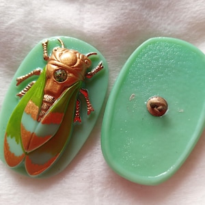 May include: A vintage brooch with a cicada design. The insect has a copper-coloured body and wings with green, orange, and blue accents, set on a light green oval base. The back of the brooch is light green with a pin.