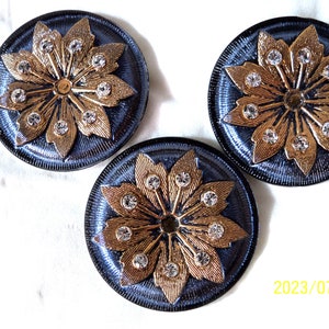 Reduced  Czech  Glass  Buttons  3 pcs   Gorgeous  Gold flower and rhinestones 34mm    XL 035