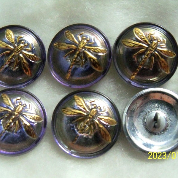 Reduced Czech Glass Buttons (6 PCS) (18mm) Dragonfly with 24K gold Ds 004