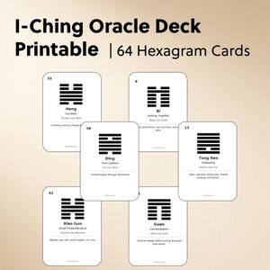 May include: A set of white I-Ching oracle cards featuring black hexagram symbols, numbers, and text. The cards display titles like Heng, Bi, Ding, Tong Ren, Xiao Guo, and Guan, along with descriptive phrases and elemental pairings in black ink.