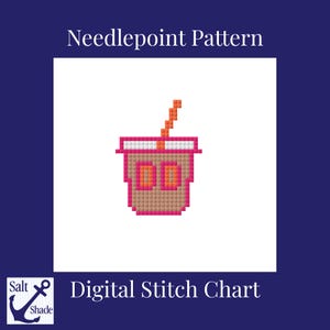 May include: A pixel art needlepoint pattern featuring a brown iced coffee cup with a pink rim, a pink straw, and the orange letters DD on the front. The text Needpoint Pattern and Digital Stitch Chart are displayed on a dark blue background.