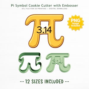 以下が含まれることがあります： Pi記号のクッキー型とエンボッサーで、3.14というテキストが特徴です。デザインには黄色のグラフィック表現、緑色のカッター、薄緑色のエンボッサーが含まれています。テキストにはPi Symbol Cookie Cutter with Embosser, STL FILE FOR 3D PRINTING — DIGITAL DOWNLOAD, PNG image included, 12 SIZES INCLUDEDと書かれています。