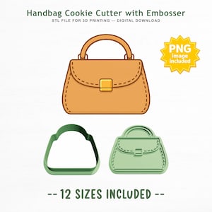 Op de afbeelding: Een handtas koekjesvorm en embosser set met digitale download voor 3D-printen. De afbeelding toont een beige handtasillustratie, een groene uitsteekvorm en een groene embosser. Tekst: Handbag Cookie Cutter with Embosser, STL FILE FOR 3D PRINTING — DIGITAL DOWNLOAD, PNG image included, 12 SIZES INCLUDED.