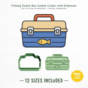 May include: A fishing tackle box cookie cutter with embosser, featuring a blue and tan box design with an orange handle and a yellow fish icon. The set includes a green outline cutter and a green embosser tool. Text reads Fishing Tackle Box Cookie Cutter with Embosser, STL FILE FOR 3D PRINTING — DIGITAL DOWNLOAD, 12 SIZES INCLUDED, and PNG image included.