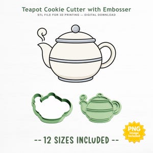 Può includere: Un grafico digitale che mostra un tagliabiscotti a forma di teiera con stampino, con un'illustrazione di teiera bianca con vapore, due stampi verdi in plastica e il testo Teapot Cookie Cutter with Embosser, STL FILE FOR 3D PRINTING, 12 SIZES INCLUDED.