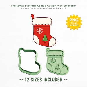 May include: Christmas Stocking Cookie Cutter with Embosser, STL file for 3D printing, digital download. Includes a red stocking illustration with white trim, a snowflake, and a green tree, plus two light green plastic cookie cutter components.
