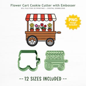 Pode incluir: Um design digital para um cortador de biscoitos de carrinho de flores com marcador, incluindo um arquivo STL para impressão 3D. O gráfico mostra um carrinho castanho com um toldo às riscas vermelhas e brancas, flores e dois moldes verdes.