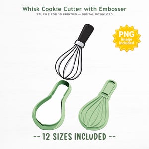 以下が含まれることがあります： 泡立て器型クッキーカッターとエンボッサーのデジタルデザイン。白黒の泡立て器のイラスト、緑色のカッター、緑色のエンボッサーが含まれています。テキスト：Whisk Cookie Cutter with Embosser, STL FILE FOR 3D PRINTING — DIGITAL DOWNLOAD, PNG image included, 12 SIZES INCLUDED。