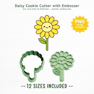 Pode incluir: Cortador de biscoitos de margarida com marcador, arquivo STL para impressão 3D, download digital. Inclui uma ilustração de margarida amarela com rosto sorridente, um cortador verde e um marcador verde. Texto: 12 SIZES INCLUDED.
