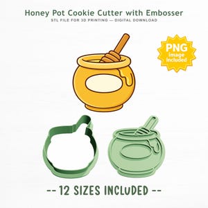 May include: Honey Pot Cookie Cutter with Embosser STL file for 3D printing digital download. Includes a yellow honey pot illustration with a dipper and two green plastic cookie cutter tools, one outline and one embosser. Text reads 12 SIZES INCLUDED.