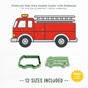 May include: A digital design for a firetruck side view cookie cutter with embosser, including 12 sizes. The graphic shows a red firetruck with a ladder, and two green 3D printed cookie cutter components. Text reads: Firetruck Side View Cookie Cutter with Embosser, STL FILE FOR 3D PRINTING — DIGITAL DOWNLOAD, 12 SIZES INCLUDED, PNG image included.