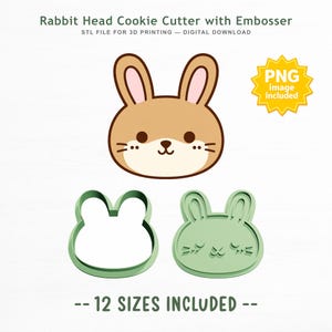 May include: A rabbit head cookie cutter with embosser, featuring a brown and cream illustrated rabbit face, a green outline cutter, and a green embosser. Text includes Rabbit Head Cookie Cutter with Embosser, STL FILE FOR 3D PRINTING, PNG image included, and 12 SIZES INCLUDED.