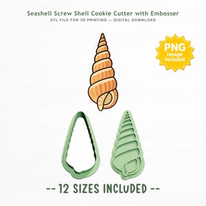 May include: A seashell screw shell cookie cutter with embosser, featuring a digital download for 3D printing. The image displays a tan illustrated shell, a green outline cutter, and a green embosser, with text stating 12 sizes included.