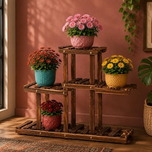 May include: A multi-tiered wooden plant stand with a dark brown finish, featuring four distinct levels holding potted flowers. The pots are textured and colored in pink, teal, yellow, and red, each containing vibrant blooming flowers.