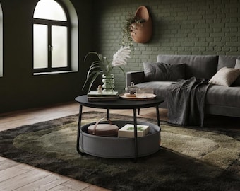 Modern Round Coffee Table with Storage Basket, Black Metal Frame Accent Table