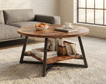 Round Storage Coffee Table, Rustic Brown Wood, 2-Tier Industrial Center Table