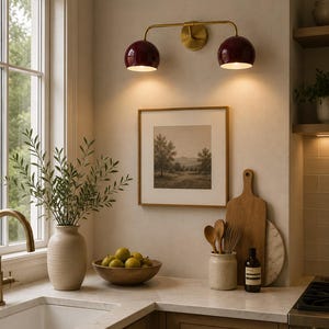 burgundy wall sconce
double wall sconce
brass vanity light
modern wall fixture
dual arm wall light
bathroom wall light
mid century light
burgundy sconce
vanity light brass
minimalist light
wall light fixture
home decor light
luxury wall light
burgundy wall sconce, double wall light, brass wall sconce, vanity wall light, modern wall lamp, bathroom lighting, dome shade light, 2 light sconce, minimal wall light, bedside wall lamp, contemporary light, wall sconce brass, vanity light fixture