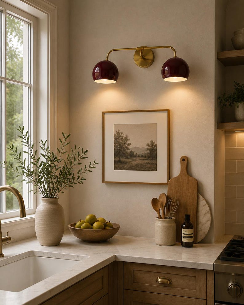 burgundy wall sconce
double wall sconce
brass vanity light
modern wall fixture
dual arm wall light
bathroom wall light
mid century light
burgundy sconce
vanity light brass
minimalist light
wall light fixture
home decor light
luxury wall light
burgundy wall sconce, double wall light, brass wall sconce, vanity wall light, modern wall lamp, bathroom lighting, dome shade light, 2 light sconce, minimal wall light, bedside wall lamp, contemporary light, wall sconce brass, vanity light fixture