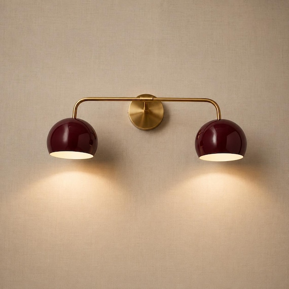 Burgundy Double Wall Sconce, Brass Vanity Light, Modern 2 Lighting