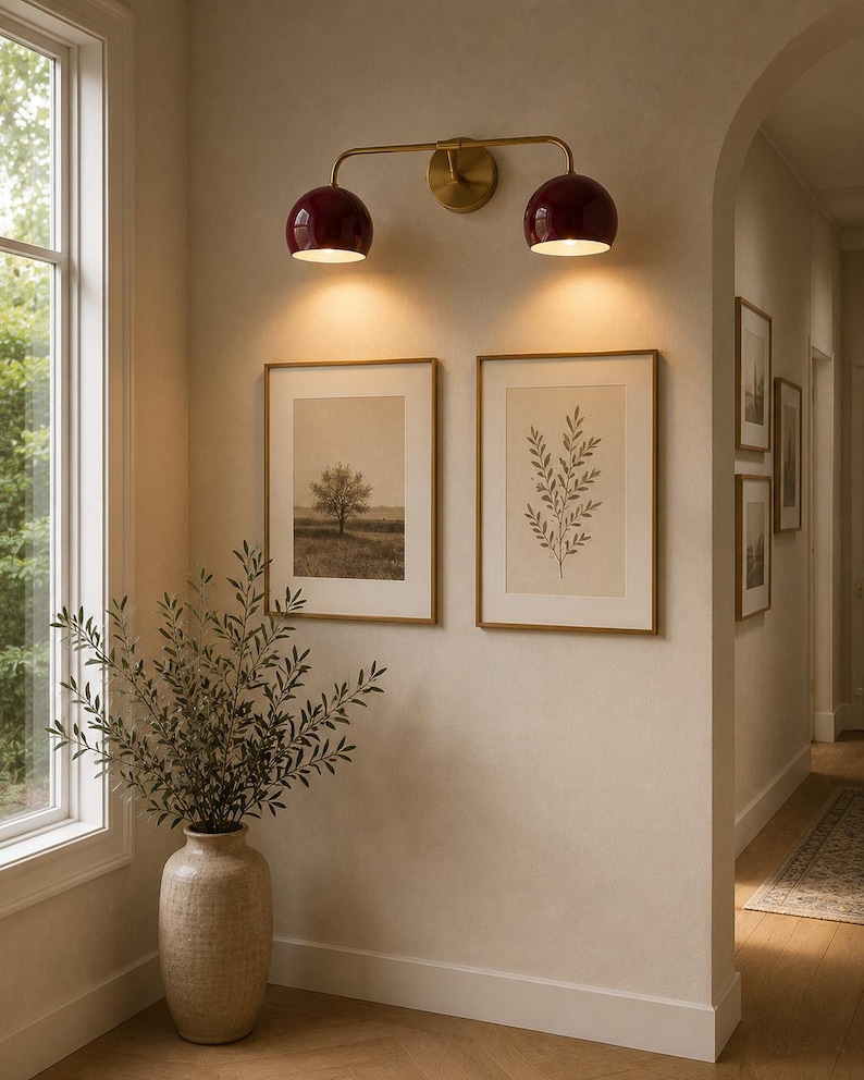 burgundy wall sconce
double wall sconce
brass vanity light
modern wall fixture
dual arm wall light
bathroom wall light
mid century light
burgundy sconce
vanity light brass
minimalist light
wall light fixture
home decor light
luxury wall light
burgundy wall sconce, double wall light, brass wall sconce, vanity wall light, modern wall lamp, bathroom lighting, dome shade light, 2 light sconce, minimal wall light, bedside wall lamp, contemporary light, wall sconce brass, vanity light fixture