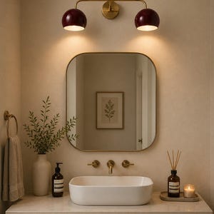 burgundy wall sconce
double wall sconce
brass vanity light
modern wall fixture
dual arm wall light
bathroom wall light
mid century light
burgundy sconce
vanity light brass
minimalist light
wall light fixture
home decor light
luxury wall light
burgundy wall sconce, double wall light, brass wall sconce, vanity wall light, modern wall lamp, bathroom lighting, dome shade light, 2 light sconce, minimal wall light, bedside wall lamp, contemporary light, wall sconce brass, vanity light fixture
