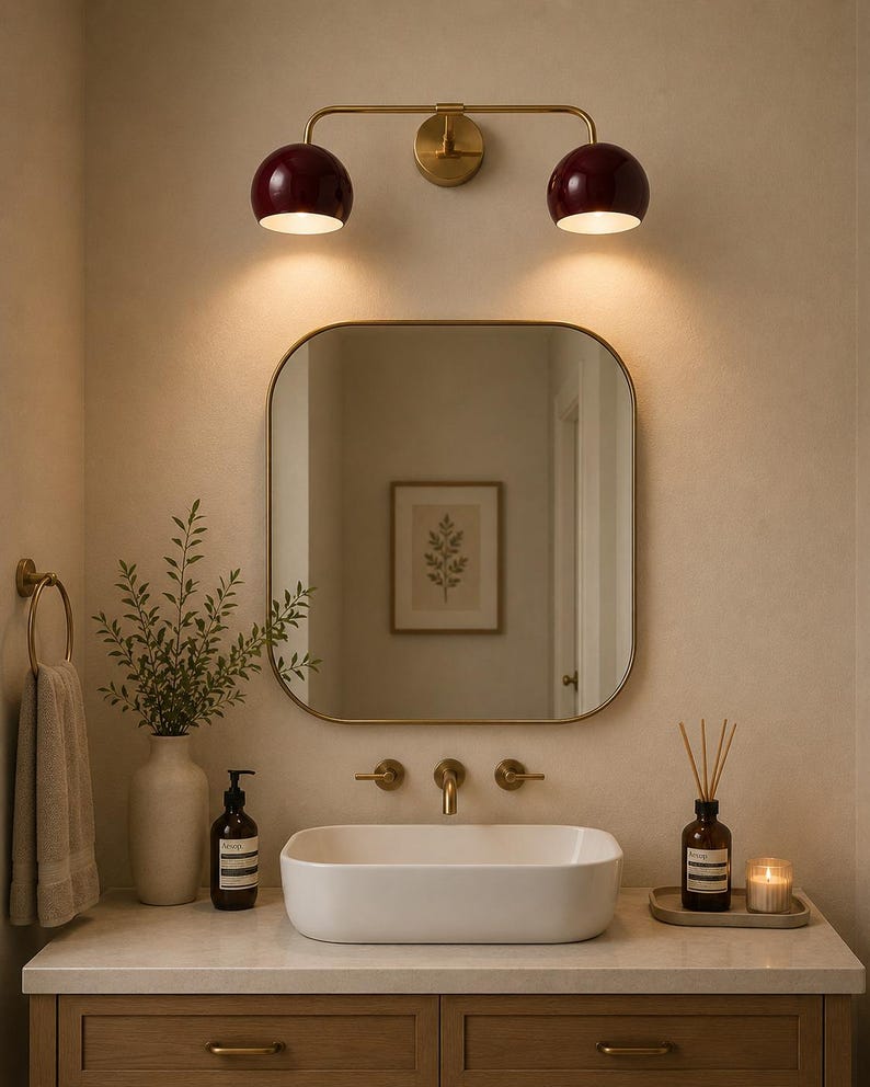 burgundy wall sconce
double wall sconce
brass vanity light
modern wall fixture
dual arm wall light
bathroom wall light
mid century light
burgundy sconce
vanity light brass
minimalist light
wall light fixture
home decor light
luxury wall light
burgundy wall sconce, double wall light, brass wall sconce, vanity wall light, modern wall lamp, bathroom lighting, dome shade light, 2 light sconce, minimal wall light, bedside wall lamp, contemporary light, wall sconce brass, vanity light fixture