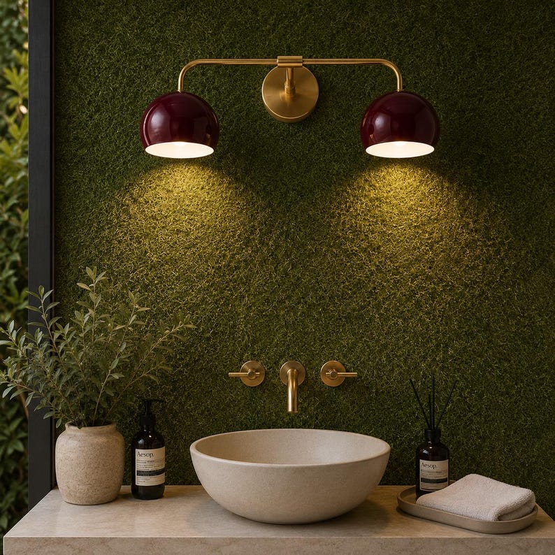 burgundy wall sconce
double wall sconce
brass vanity light
modern wall fixture
dual arm wall light
bathroom wall light
mid century light
burgundy sconce
vanity light brass
minimalist light
wall light fixture
home decor light
luxury wall light
burgundy wall sconce, double wall light, brass wall sconce, vanity wall light, modern wall lamp, bathroom lighting, dome shade light, 2 light sconce, minimal wall light, bedside wall lamp, contemporary light, wall sconce brass, vanity light fixture