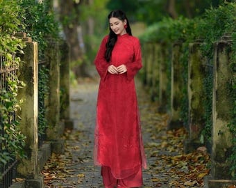 Modern Red Vietnamese Ao Dai Traditional Dress Pattern Long Sleeve Formal