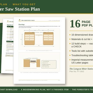 Op de afbeelding: Een 16-pagina tellend PDF-plan voor een verstekzaagstation, getiteld The Longcut Miter Station, plannummer FT-1602. Het document bevat maattekeningen, een materialen- en zaaglijst, 12 bouwstappen met checklists, een gereedschapslijst en een tabel voor probleemoplossing.