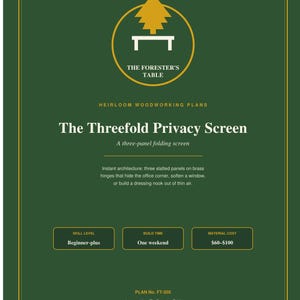 May include: A dark green informational document titled The Threefold Privacy Screen, featuring a yellow tree icon, text describing a three-panel folding screen with brass hinges, skill level, build time, material cost, and plan number FT-505.