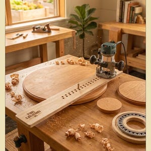 May include: A light-colored wooden circle jig with a series of drilled holes and the text The Forester's Table printed on the surface. A green and silver power router is attached to the jig, which is positioned on a large circular wooden board.