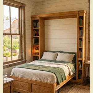 May include: A light oak wood Murphy bed featuring integrated vertical bookshelves on both sides, a light beige mattress, two matching pillows, and a green textured throw blanket. The bed frame includes visible metal hardware and a small logo.