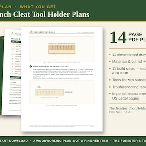 Può includere: Un piano PDF di 14 pagine per supporti per attrezzi a listello francese di The Forester's Table, numero di piano FT-1511. Il documento include disegni quotati, un elenco di materiali, fasi di costruzione e una tabella di risoluzione.