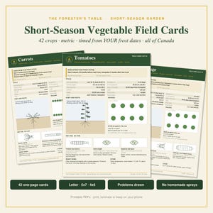 May include: A set of Short-Season Vegetable Field Cards by The Forester's Table, featuring 42 printable pages with gardening instructions for carrots, tomatoes, and other crops, including metric data, frost date timing, and illustrations.