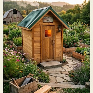 May include: A small wooden sauna structure with a green metal roof, a single door with a window, and a sign reading THE FOBESTER'S TABLE EST. 2058. Smoke rises from a chimney. A wooden crate with a hammer and saw sits nearby with wooden planks.