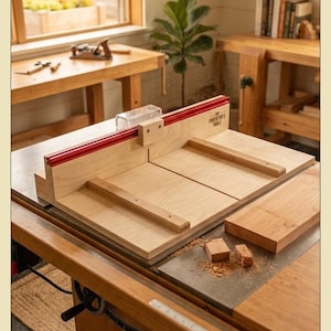 May include: A light-coloured wooden crosscut sled for a table saw, featuring a red metal fence, a clear plastic guard, and a wooden base. The sled is positioned on a metal table saw surface with small wood scraps nearby.