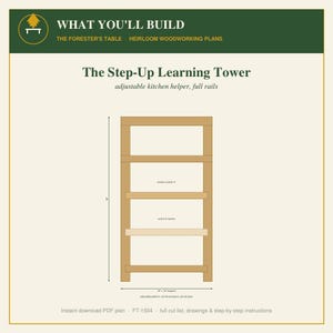 May include: A digital woodworking plan for The Step-Up Learning Tower, an adjustable kitchen helper with full rails. The graphic displays a technical drawing of the tower with a 36-inch height and 18-inch by 18-inch footprint, including FT-1504.