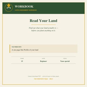 Könnte beinhalten: Ein Arbeitsbuch mit dem Titel Read Your Land, ein Standortbewertungs-Arbeitsbuch von The Forester's Table. Es umfasst 15 Seiten, ist für Anfänger konzipiert und erfordert keine speziellen Werkzeuge. Das Ergebnis ist ein einseitiges Standortprofil.