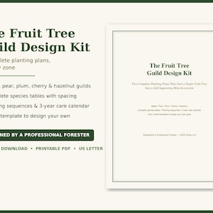 May include: The Fruit Tree Guild Design Kit is a printable PDF document on US Letter paper. It includes five planting plans for apple, pear, plum, cherry, and hazelnut trees, species tables, planting sequences, a 3-year care calendar, and a blank template.