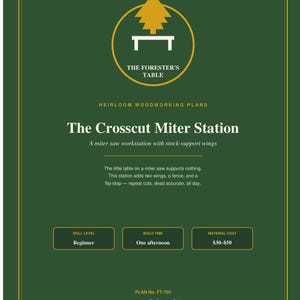 May include: A dark green informational document titled The Crosscut Miter Station, featuring a yellow tree icon and text describing a miter saw workstation with stock-support wings, including skill level, build time, and material cost details.