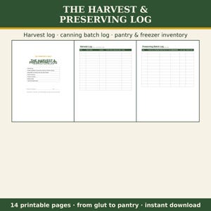 Puede incluir: Un documento digital titulado The Harvest & Preserving Log que incluye una tabla de contenidos, un registro de cosecha y un registro de conservas. Las páginas contienen secciones para el seguimiento de la cosecha, el enlatado y el inventario.