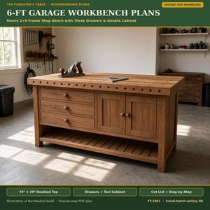 May include: 6-ft garage workbench plans for a heavy 2x4 frame shop bench with three drawers, a double cabinet, and a 72-inch by 25-inch doubled top. The wood workbench features a row of dog holes along the front edge and a lower shelf.