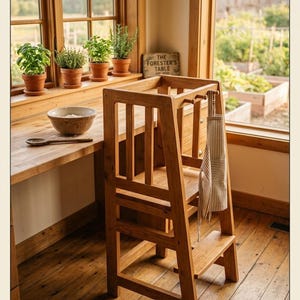 May include: A light brown wooden learning tower with a safety rail, a platform, and a lower step. A beige and white striped apron hangs from a wooden peg on the side of the tower. The structure features vertical slats and a sturdy frame design.