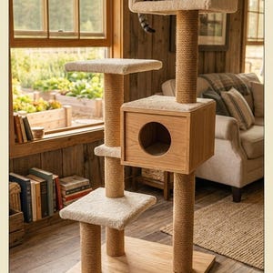 May include: A multi-level cat tower with a light wood base, sisal-wrapped posts, and cream-colored carpeted platforms. A wooden box with a circular opening is attached. The base features the text THE FORESTER'S TABLE EST 2048.