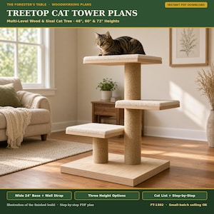 Può includere: Un tiragraffi a più livelli con base quadrata in legno, due pali rivestiti in sisal e tre piattaforme rivestite in moquette. Un gatto tigrato siede sulla piattaforma superiore. Il testo recita Treetop Cat Tower Plans, Multi-Level Wood & Sisal Cat Tree.