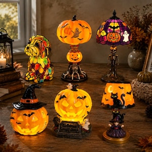 Halloween Pumpkin Ghost Bat Resin Lamp, Spooky LED Lighted Table Decor, Mini Gothic Night Light for Haunted House Fall Yard Home Horror Gift
